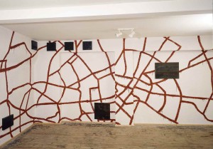 Freilaufende Bilder, Wandmalerei, Kopien auf Holz, 1994, Galerie a-JETZT, Stuttgart, Erwin Holl