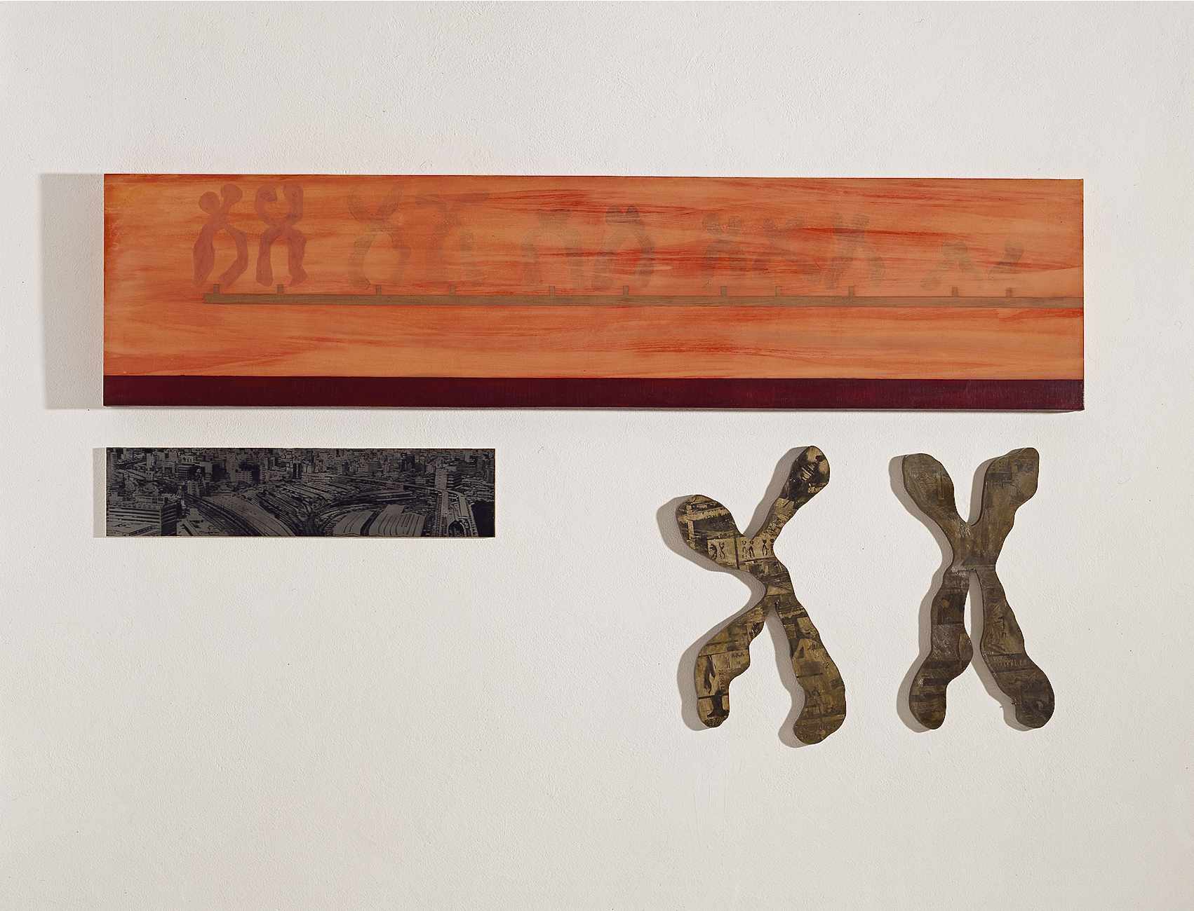 Konstellation ...91, Acryl und Öl auf Leinwand, Kopien auf Holz, Wachs, 1991, Erwin Holl