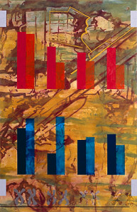 Verwandtschaft II, Mischtechnik auf Baumwollstoff, 220 x 142 cm, 1996, Erwin Holl