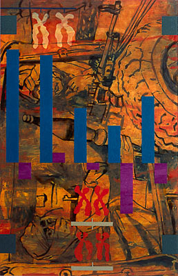 Verwandtschaft V, Mischtechnik auf Baumwollstoff, 220 x 142 cm, 1996, Erwin Holl