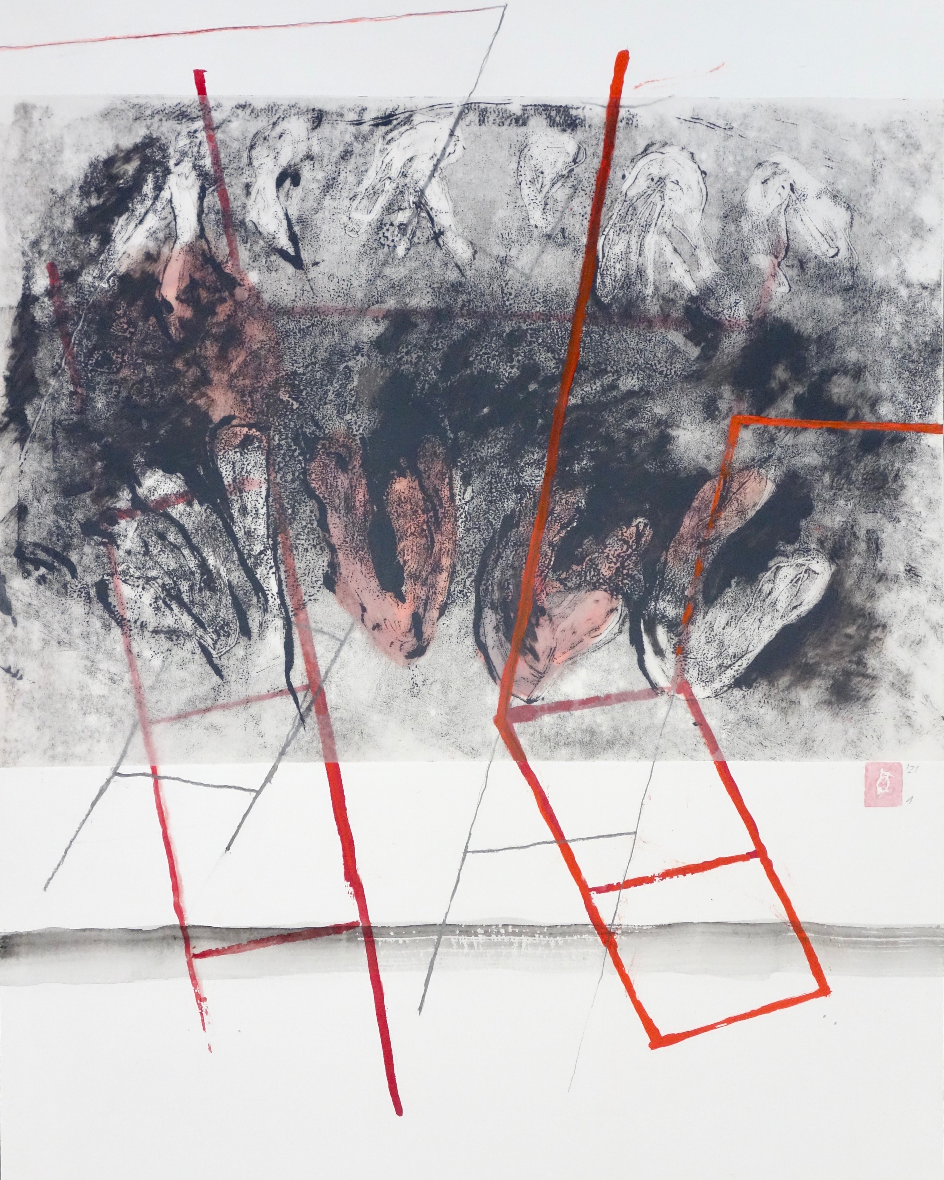 Block Painting 1, Versch. Materialien auf Papier und Transparentpapier, 2021, 50 x 40 cm, Erwin Holl