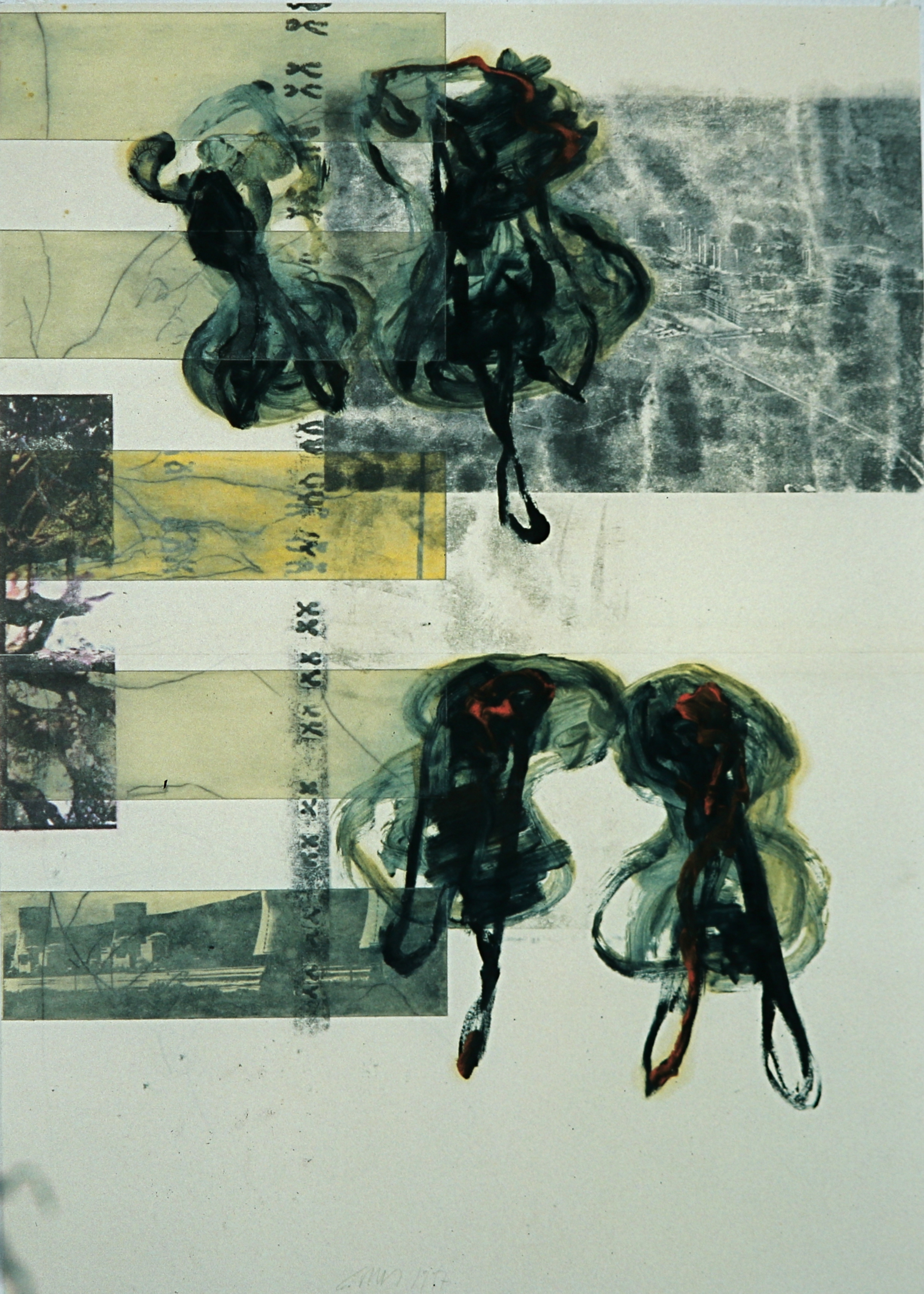 Affaires Ètranges 1, Bleistift, Eiöltempera und Fotokopieumdruck auf Papier, 86 x 61 cm, 1997, Erwin Holl
