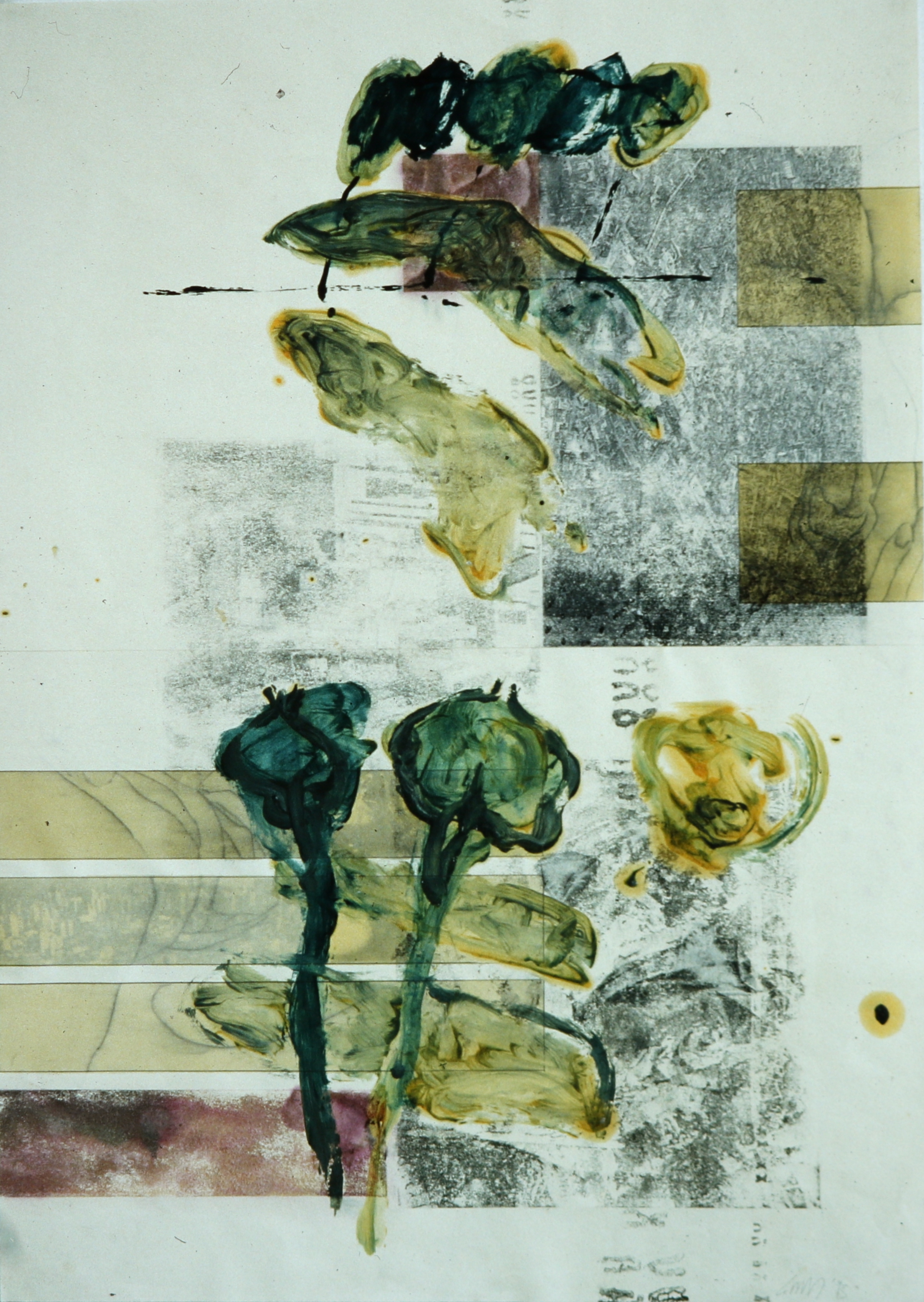 Affaires Ètranges 4, Bleistift, Eiöltempera und Fotokopieumdruck auf Papier, 86 x 61 cm, 1997, Erwin Holl
