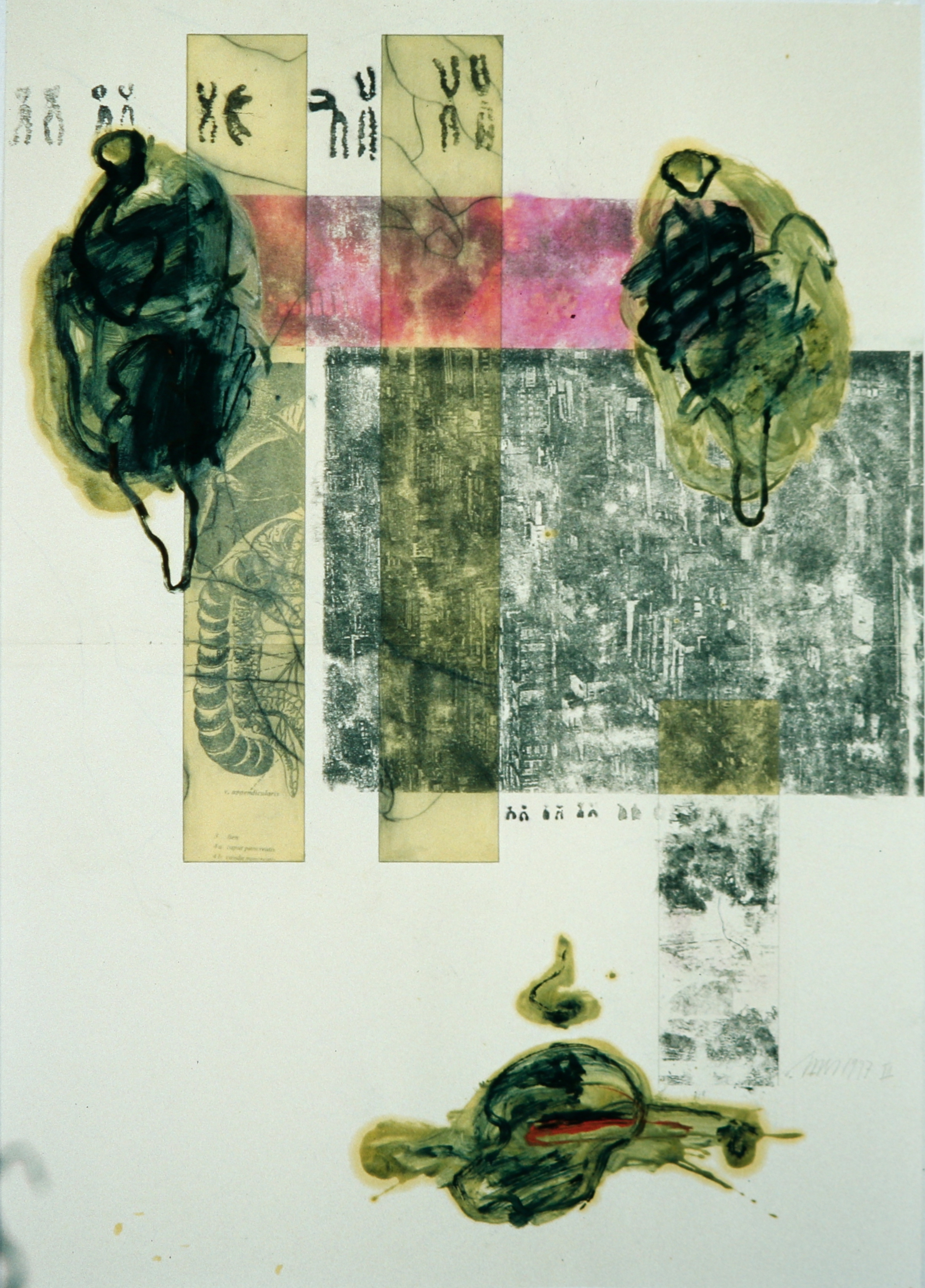 Affaires Ètranges II, Bleistift, Eiöltempera und Fotokopieumdruck auf Papier, 86 x 61 cm, 1997, Erwin Holl