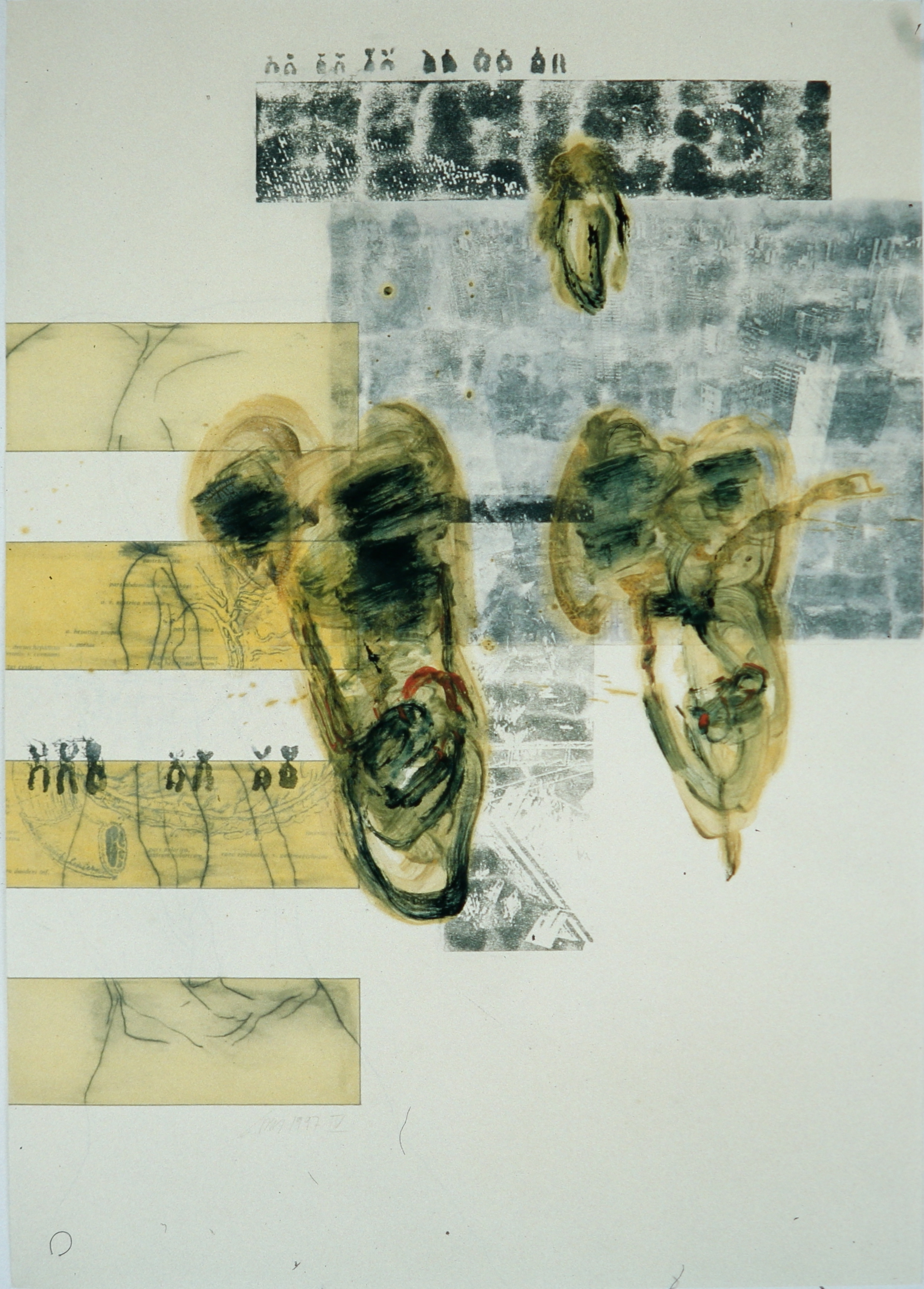 Affaires Ètranges IV, Bleistift, Eiöltempera und Fotokopieumdruck auf Papier, 86 x 61 cm, 1997, Erwin Holl
