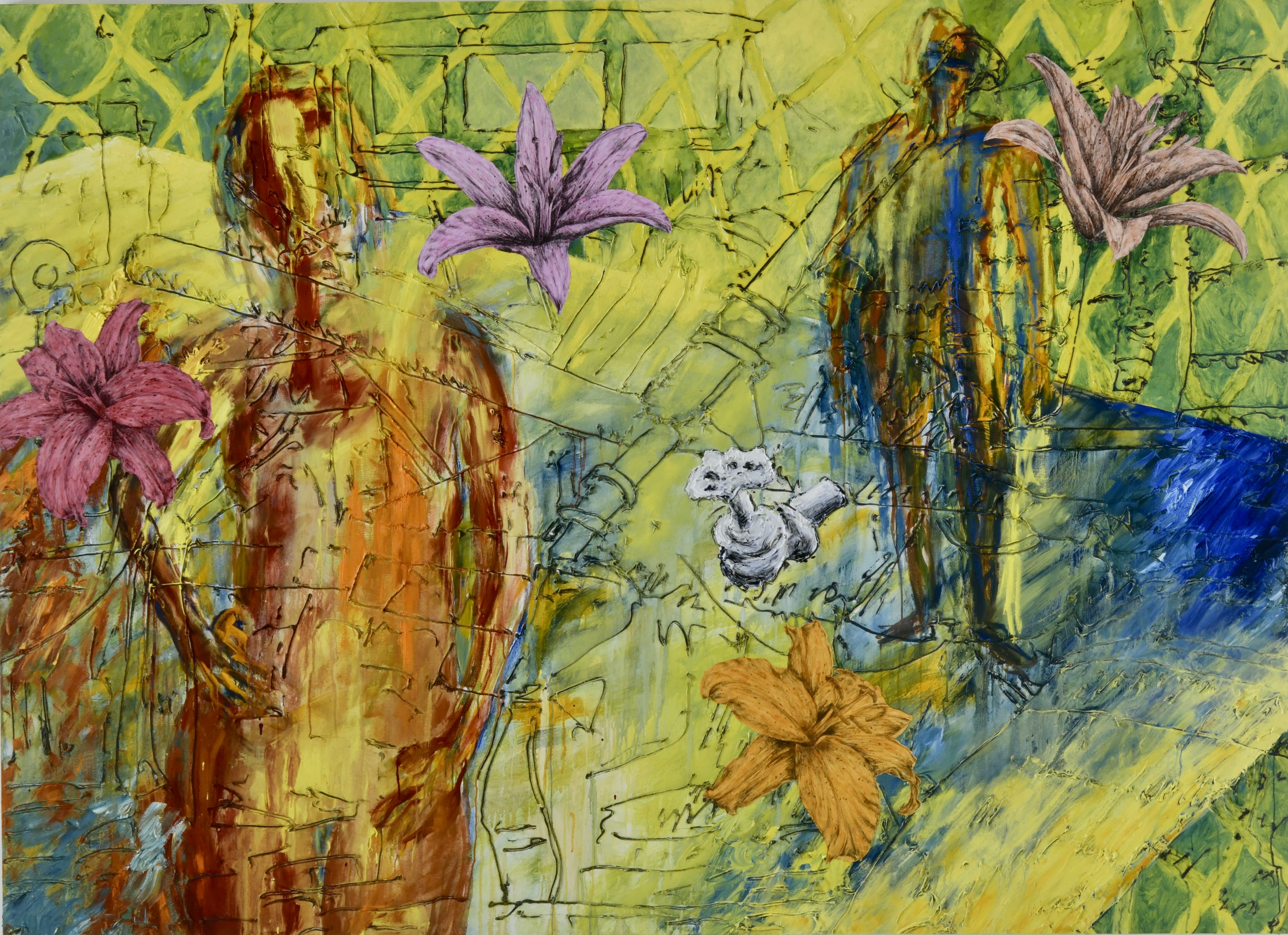 entre nous II, Acryl, Eiöltempera, Öl, Silikon, Bleistift auf Leinwand, 195 x 270 cm, 2001, Erwin Holl