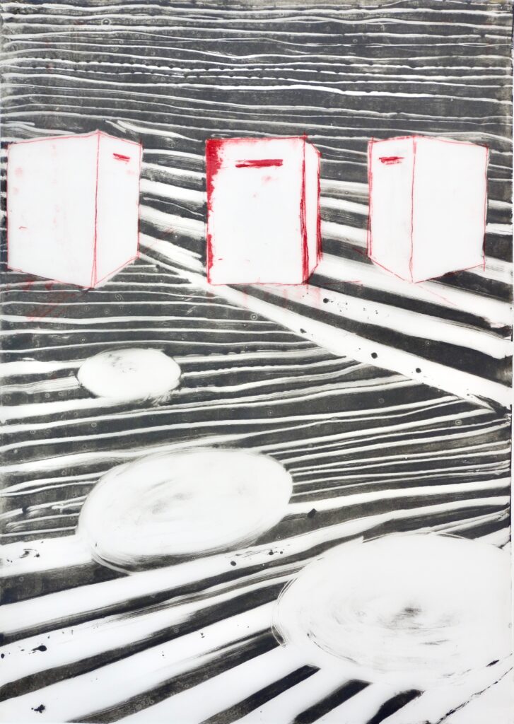 Kontingenz 19, Monotypie auf Transparentpapier, 84/83,5 x 59,5 cm, 2021, Erwin Holl