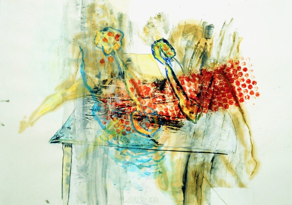 come fare XVIII, Verschiedene Materialien auf Papier, 43 x 61 cm, 2002, Erwin Holl