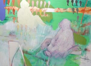 Landstück VI, Acryl, Kohle, Pastellkreide, Eiöltempera und Öl auf Baumwollstoff, 190 x 260 cm, 2024