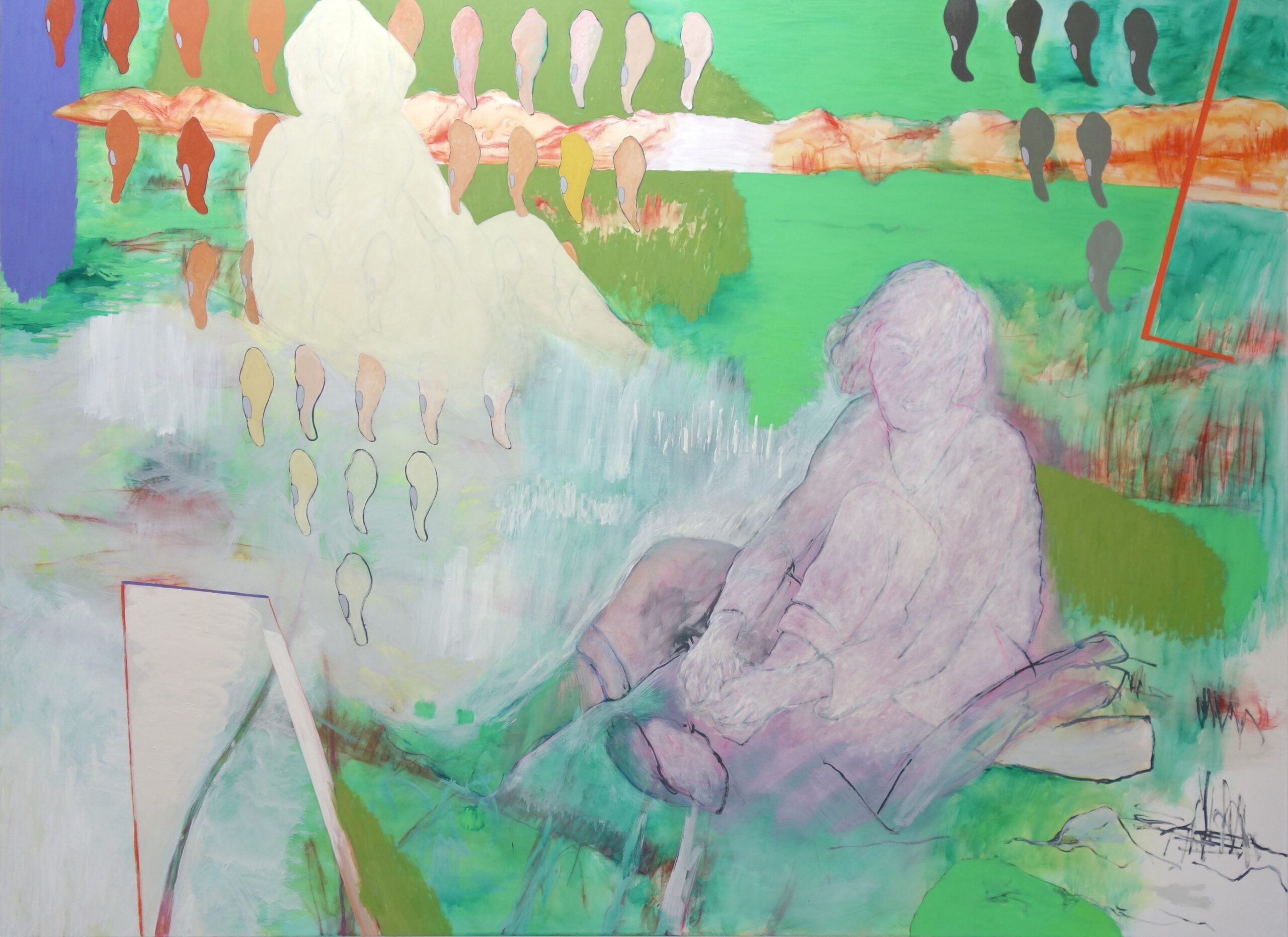 Landstück VI, Acryl, Kohle, Pastellkreide, Eiöltempera und Öl auf Baumwollstoff, 190 x 260 cm, 2024