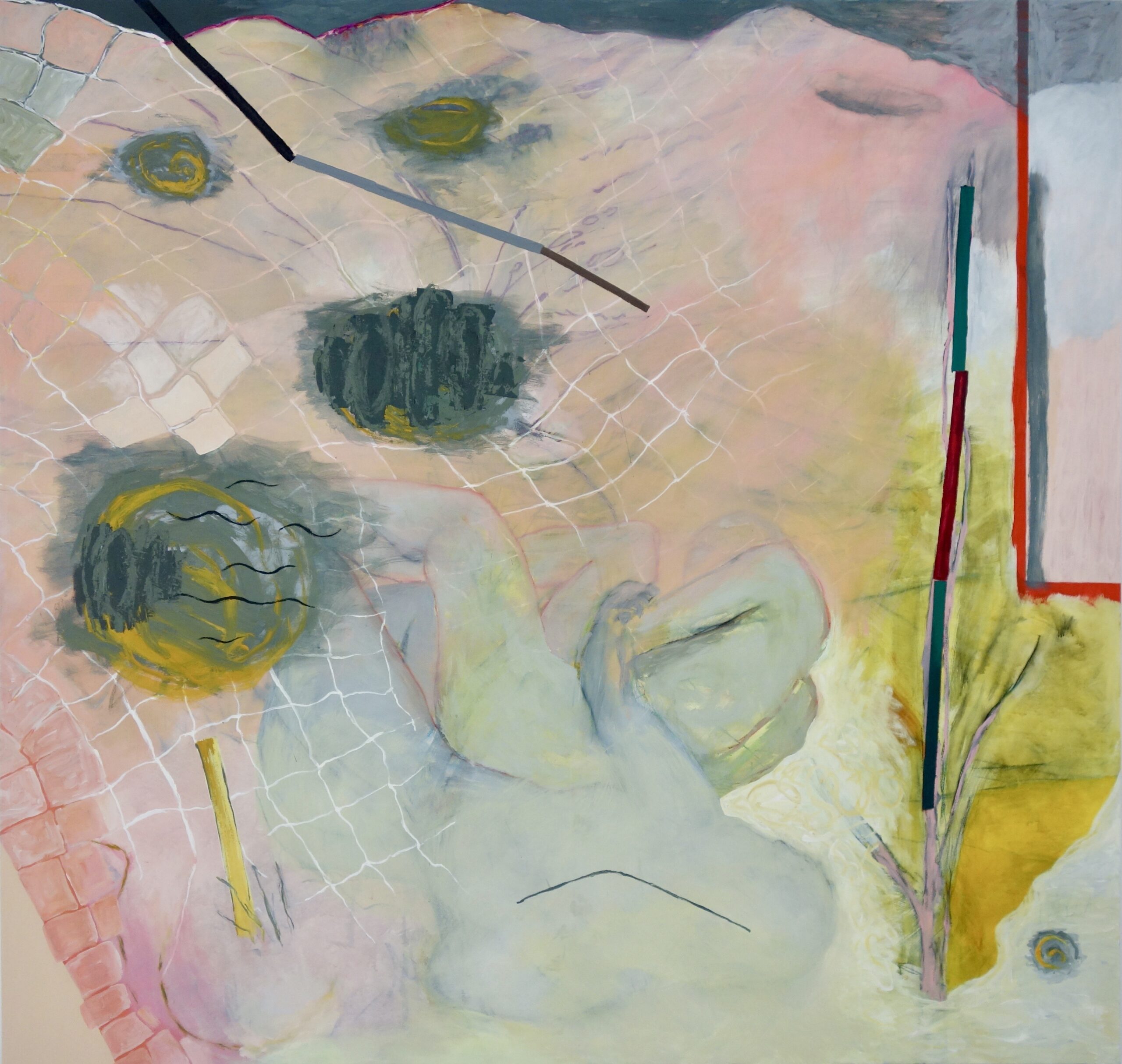 Orte V, Acryl, Eiöltempera, Pastellkreide und Öl auf Baumwollstoff, 190 x 200 cm, 2023