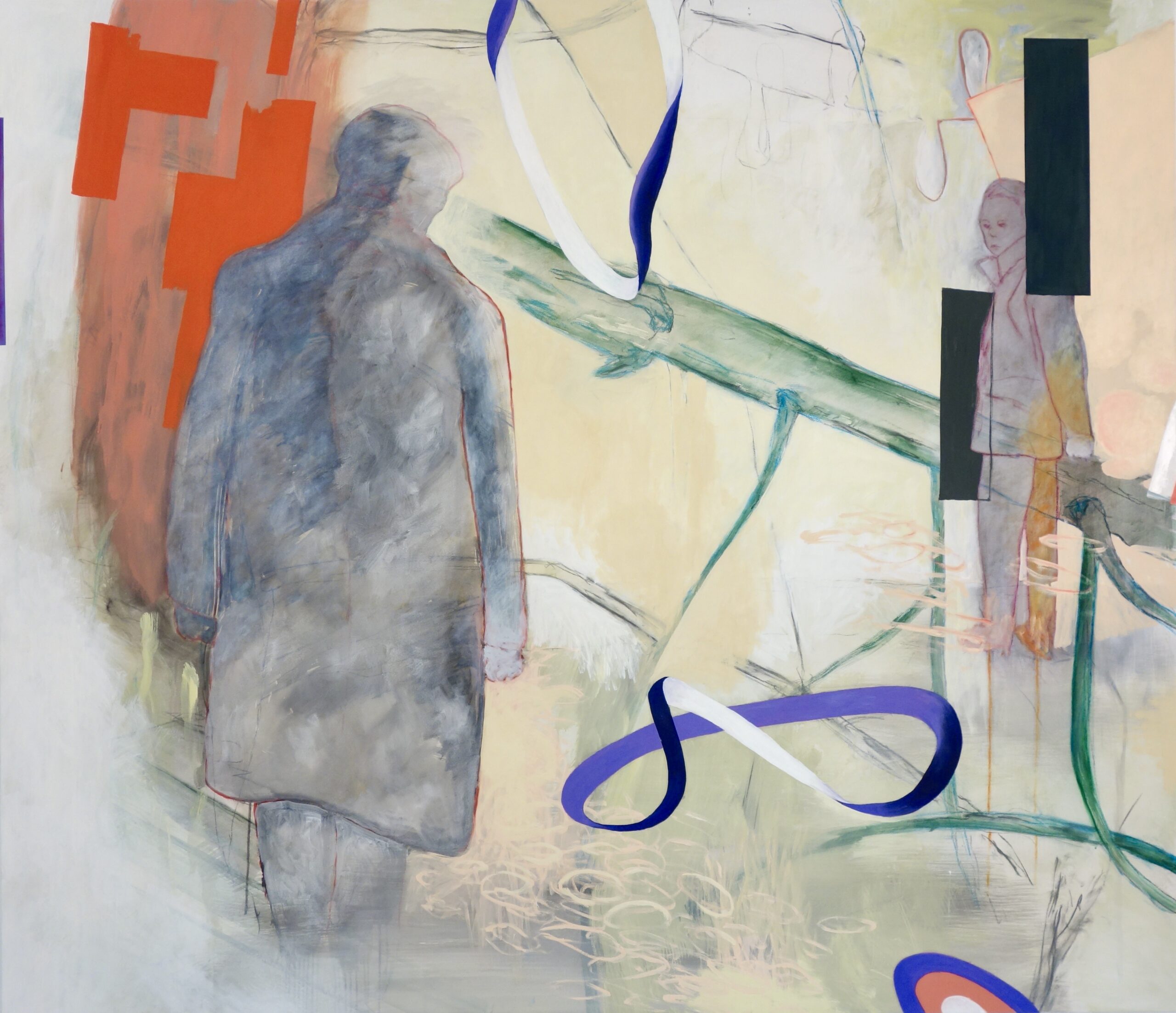 Orte VI, Acryl, Kohle, Pastellkreide, Eiöltempera und Öl auf Baumwollstoff, 190 x 220 cm, 2024