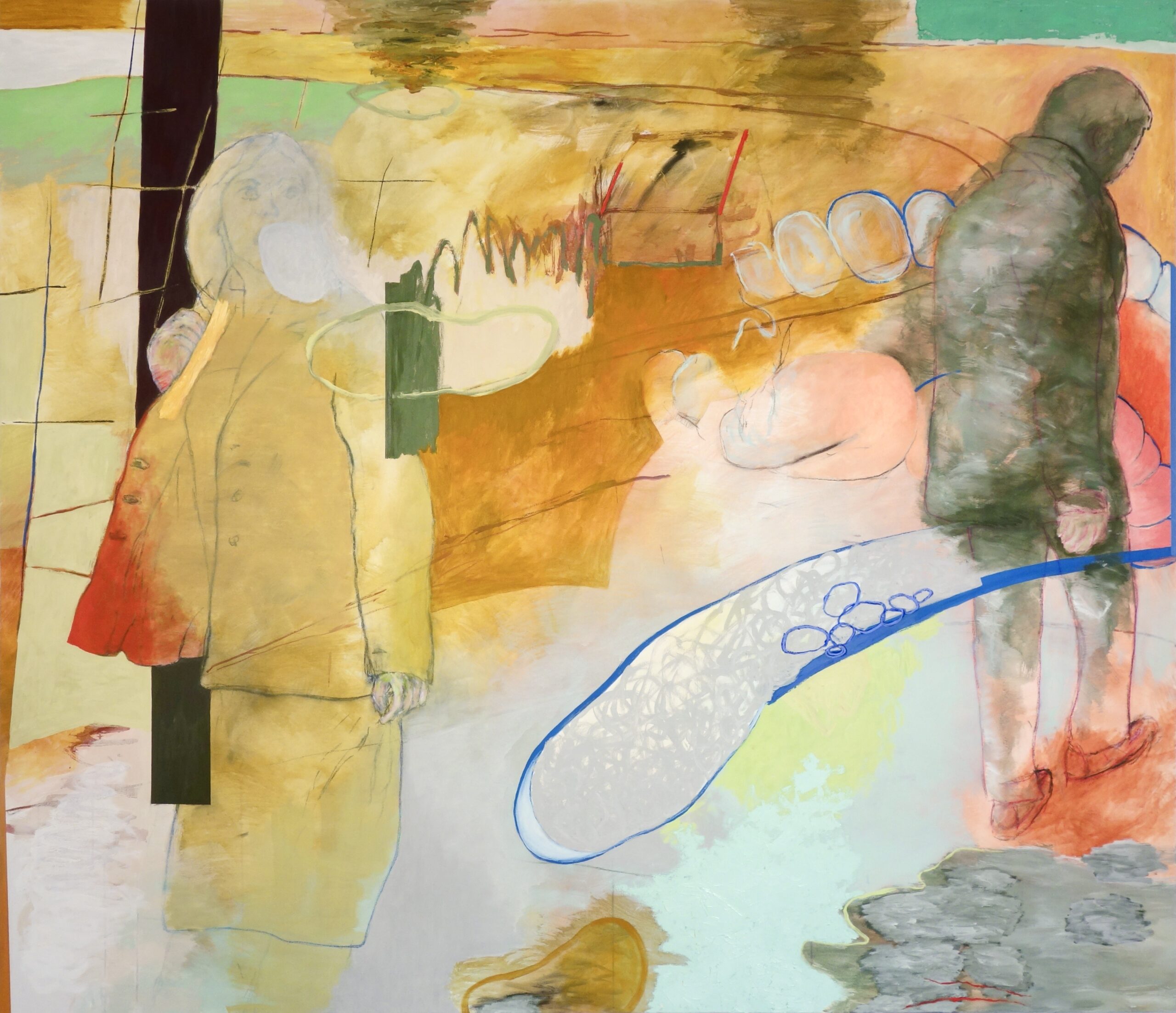 Orte VII, Acryl, Kohle, Pastellkreide, Eiöltempera und Öl auf Baumwollstoff, 190 x 220 cm, 2024
