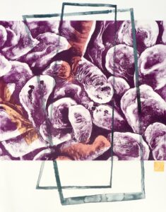 Speicher II, Monotypie und versch. Materialien auf ansparent-, und Papier, 64 x 50 cm, 2024