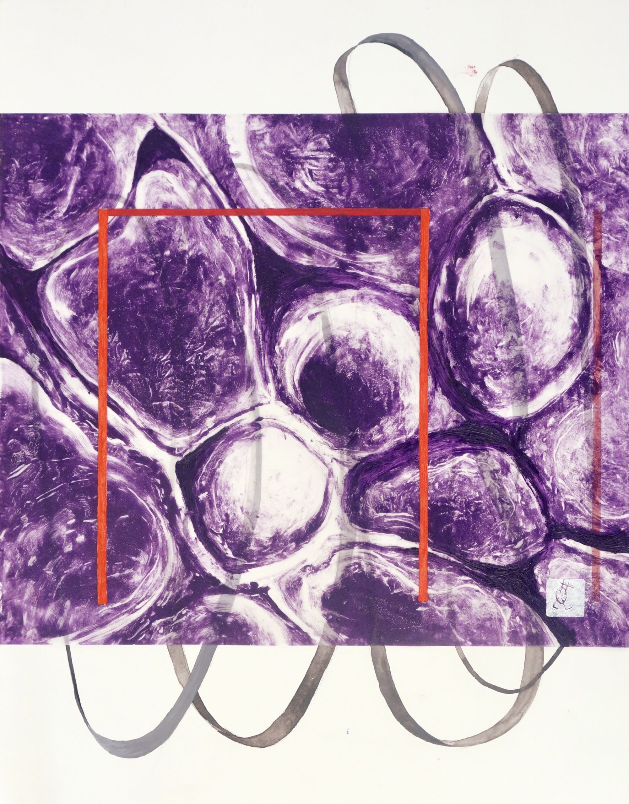 Speicher III, Monotypie und versch. Materialien auf ansparent-, und Papier, 64 x 50 cm, 2024