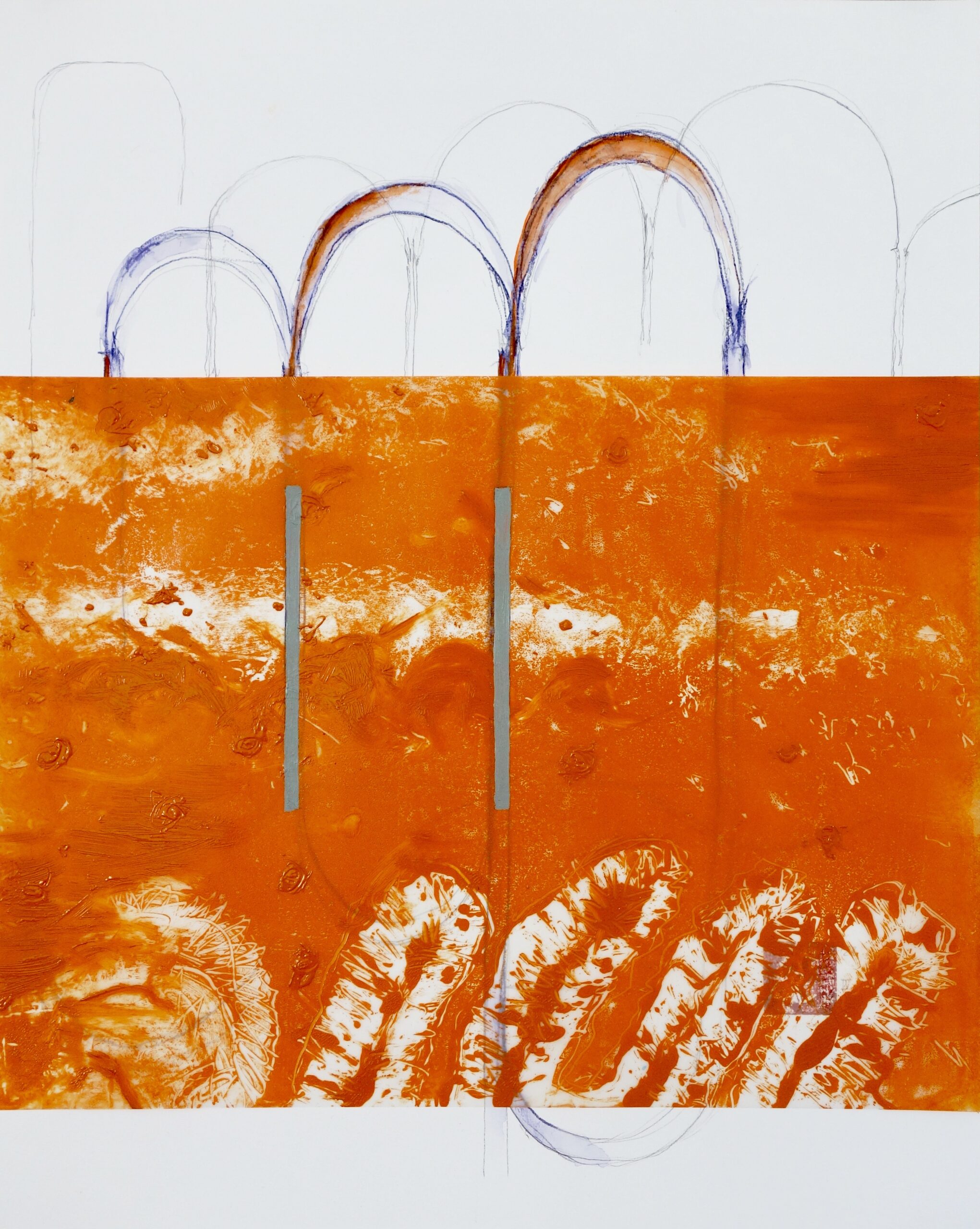 Verflechtung IV, Monotypie und versch. Materialien auf Tansparent-, und Papier, 50 x 40 cm, 2023