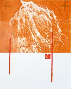 Verflechtung VIII, Monotypie und versch. Materialien auf Tansparent-, und Papier, 50 x 40 cm, 2023