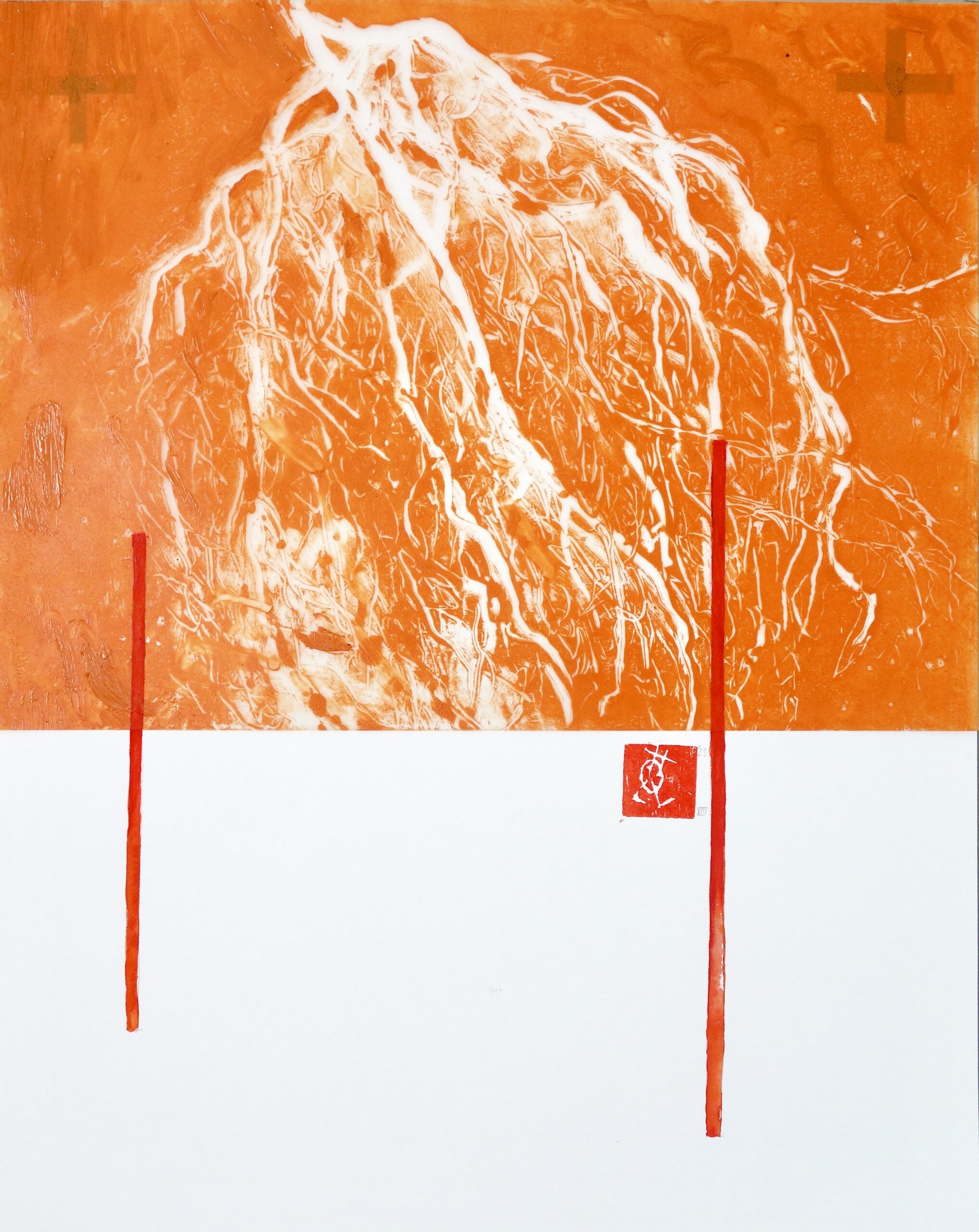 Verflechtung VIII, Monotypie und versch. Materialien auf Tansparent-, und Papier, 50 x 40 cm, 2023