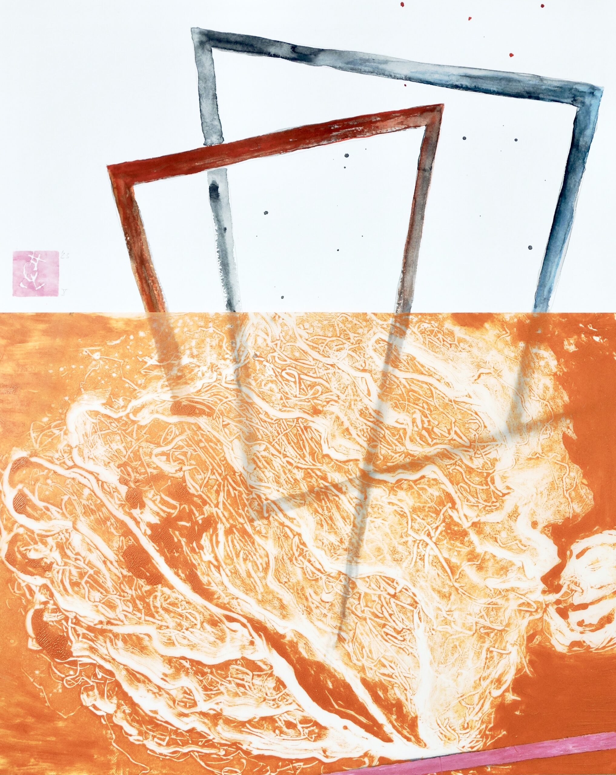 Verflechtung X, Monotypie und versch. Materialien auf Tansparent-, und Papier, 50 x 40 cm, 2023