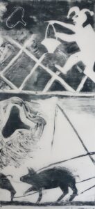 Ehrenwerte Gesellschaft 1, Monotypie auf Transparentpapier mit Öldruckfarbe, 200 x 91 cm