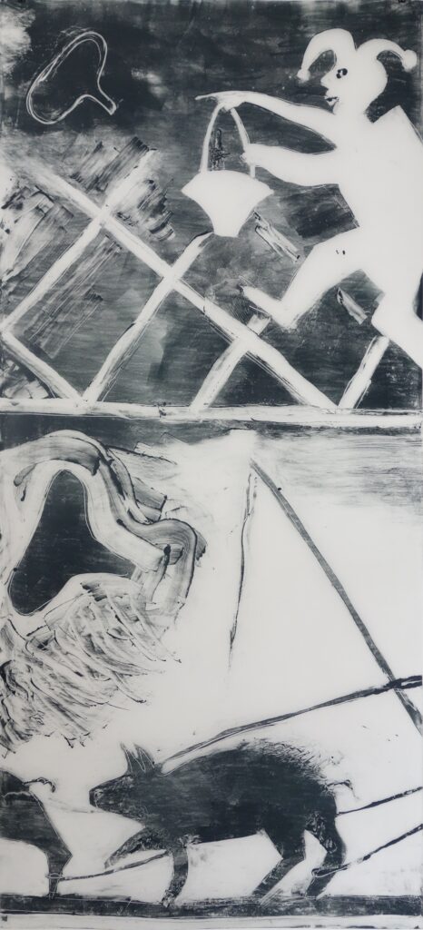 Ehrenwerte Gesellschaft 1, Monotypie auf Transparentpapier mit Öldruckfarbe, 200 x 91 cm