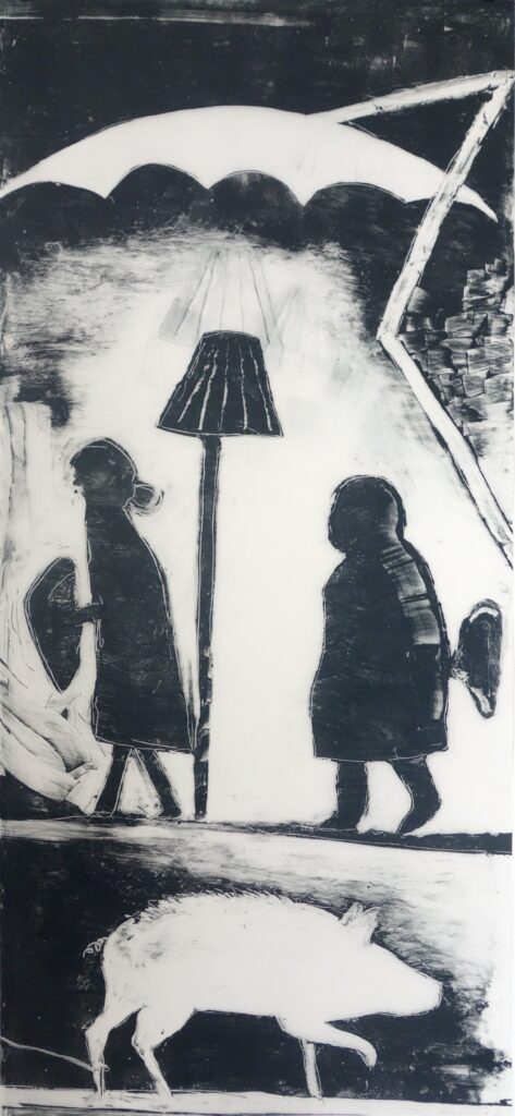 Ehrenwerte Gesellschaft 2, Monotypie auf Transparentpapier mit Öldruckfarbe, 185,5 x 91 cm,2024