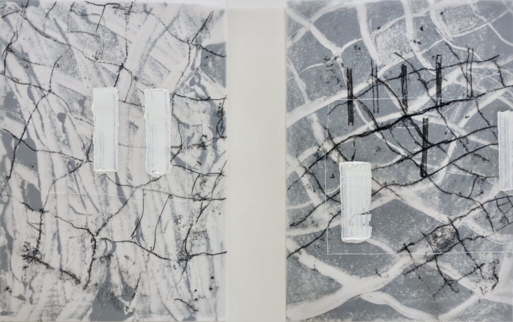 Netz 1 + 2, Monotypie und versch. Materialien auf Tansparent-, und Papier, 42 x 29,7 cm, 2024