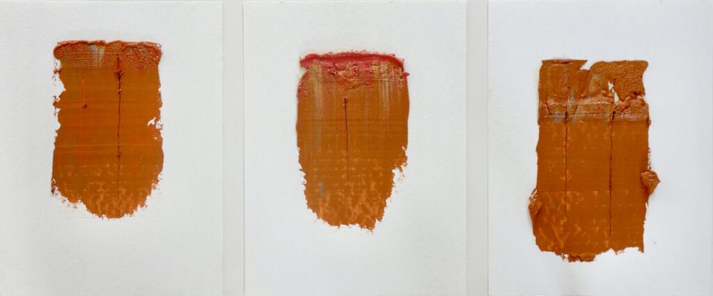 Sequenz A, 1-3, Öldruckfarbe auf Aquarellpapier Torchon, je 32 x 24 cm, 2024